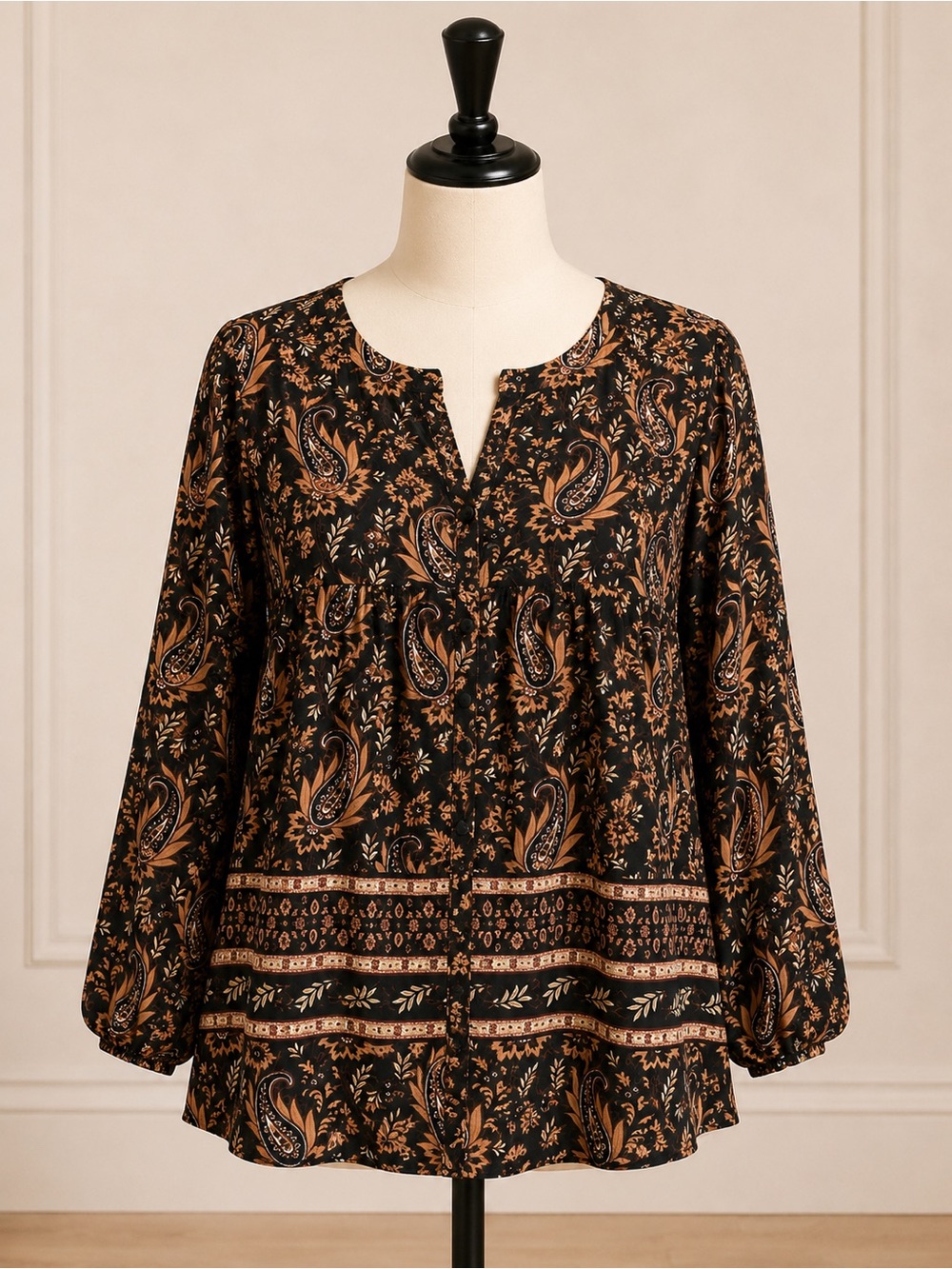 Dex Black and Tan Paisley V-Notch Peasant Blouse